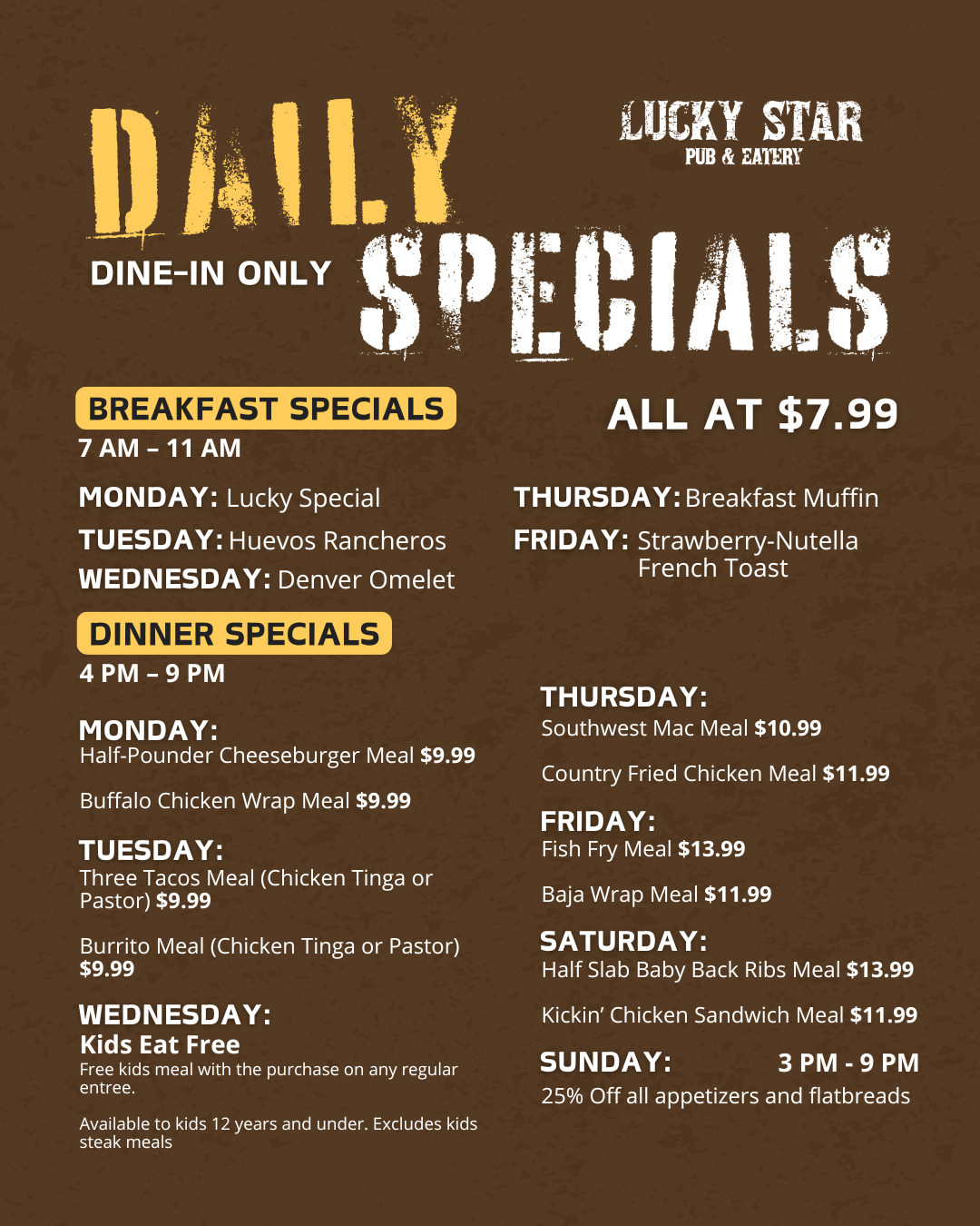 Lucky Star Pub & Eatery Daily Specials